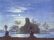 Karl friedrich schinkel The Garden of Sarastro by Moonlight with Sphinx,decor for Mozart-s opera Die Zauberflote oil painting